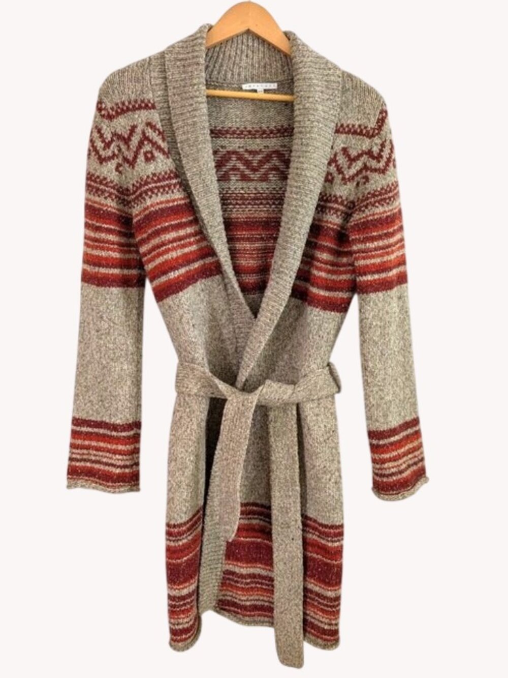 Smartset Wool Blend Cozy Shawl Collar Belted Cardigan in Tan and Rust M